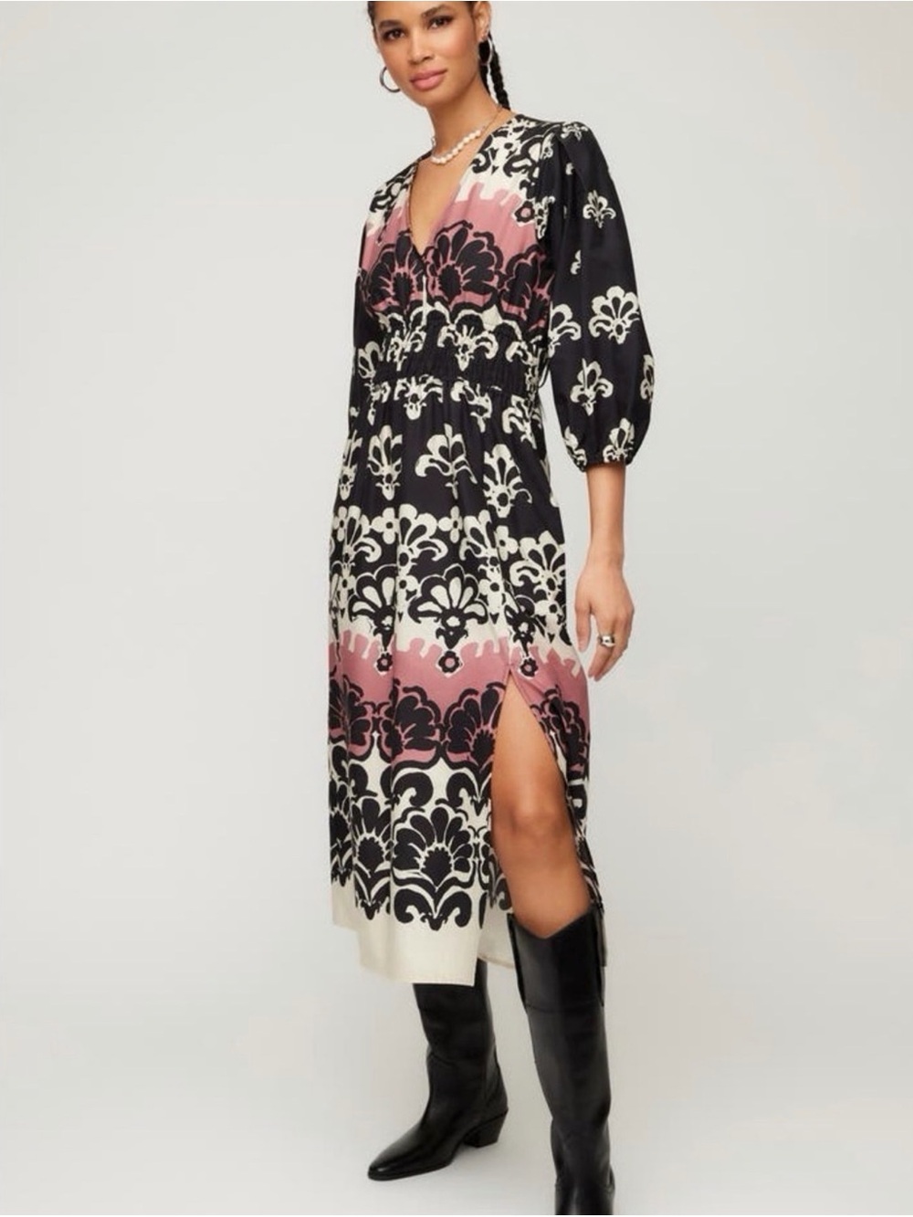Fifteen Twenty Black, Cream & Mauve Floral V-Neck Dress